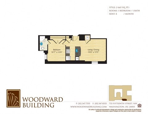Floor plan for 1 bed, 1 bath, 665 sqft